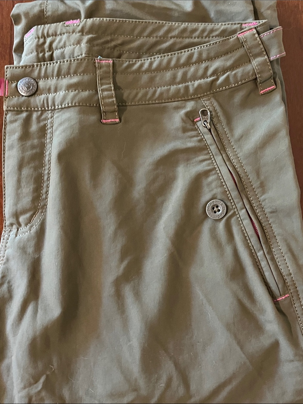Patagonia Olive Cargo Pants with Pink Stitching
